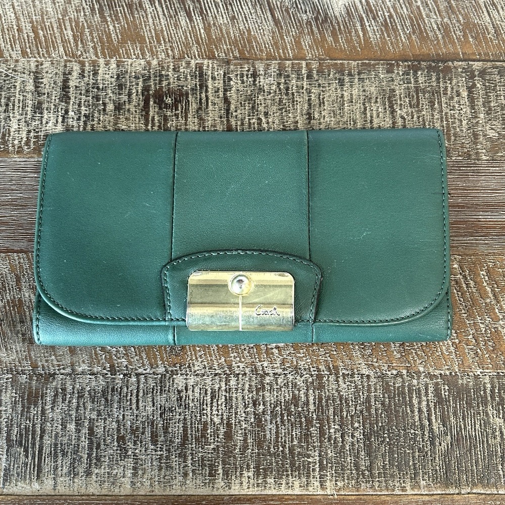 Vintage Y2k Coach Leather Checkbook Wallet Green Preppy Bifold Brass Minimalist